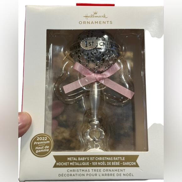 Hallmark Baby’s First Christmas Metal Rattle Dated Ornament Pink Ribbon NIB - Picture 1 of 5